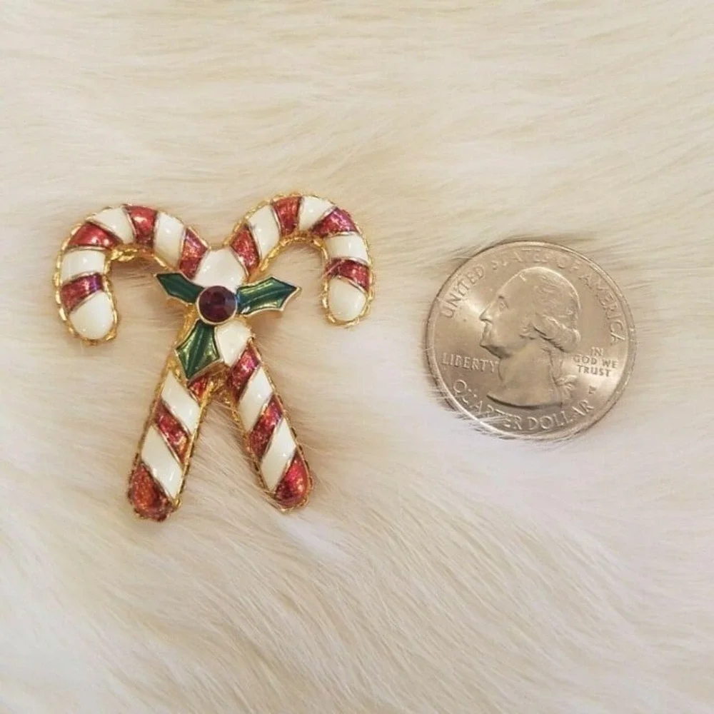 Vintage Christopher Radko Candy Cane Pin Christmas Rhinestone Enamel Signed 4925